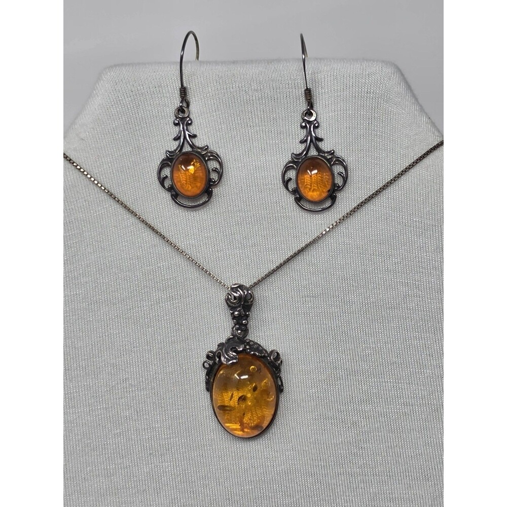 Vintage Baltic Amber Sterling Silver 925 Pendant Necklace & Earrings Set Cognac